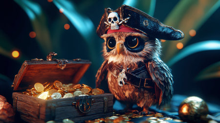 A whimsical pirate owl stands beside a treasure chest overflowing with shiny coins, set against a colorful backdrop. This charming character adds fun to any creative project.の素材