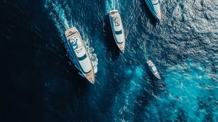 An aerial view of luxury yachts sailing through deep blue water, capturing the essence of adventure and relaxation on the ocean. Perfect for travel themes.の素材