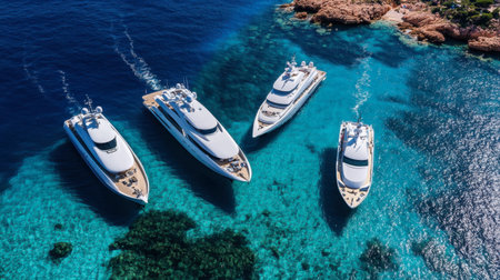A stunning aerial view of luxury yachts anchored in crystal-clear turquoise waters, surrounded by a serene coastline, perfect for leisure and relaxation.の素材