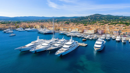 A stunning aerial view of a yacht harbor nestled in a coastal village. The serene blue waters contrast beautifully with vibrant buildings under a clear sky, perfect for travel and leisure.の素材