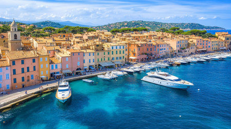 A breathtaking view of a coastal village with colorful buildings alongside the serene water. Ideal for travel and tourism themes showcasing beautiful landscapes.の素材