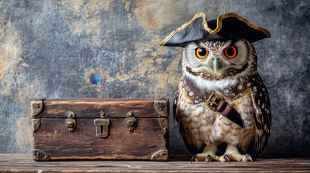 This whimsical image features a pirate owl wearing a hat beside a vintage treasure chest, creating a unique and playful scene perfect for storytelling or creative projects.の素材