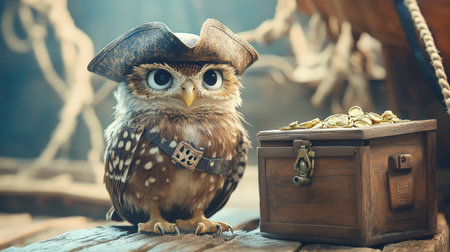 This whimsical image features a pirate owl beside a treasure chest filled with gold coins, perfect for storytelling and creative ventures.の素材