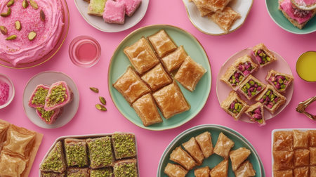 A vibrant display of assorted pastries on a pink backdrop, featuring baklava and other sweets, ideal for capturing the joy of celebration and indulgence.の素材