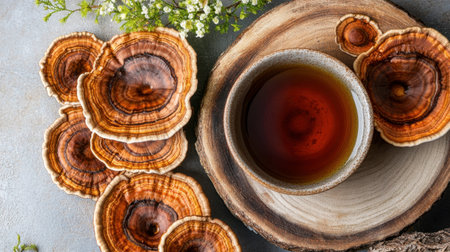 A serene display featuring herbal tea in a wooden cup alongside dried mushrooms. Captures the essence of natural wellness and relaxation.の素材