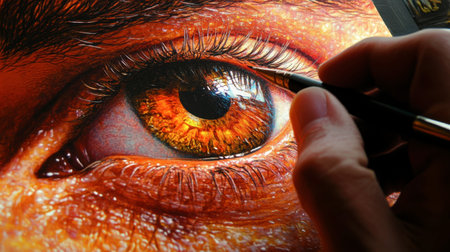 This captivating close-up showcases a beautifully detailed eye, emphasizing the intricate textures and vibrant colors within the iris. The artist's hand adds a personal touch, illustrating the creative process in action.の素材