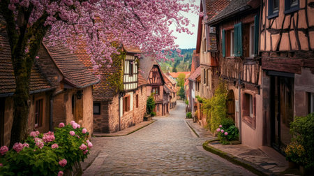 A picturesque village street adorned with cherry blossoms and cobblestones, showcasing charming architecture. Perfect for springtime travel inspiration.の素材