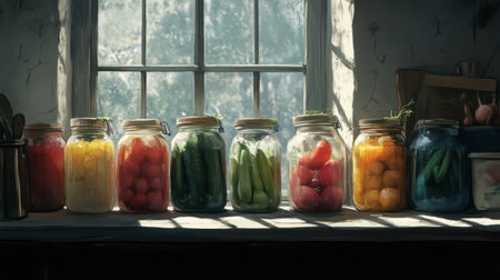 A charming display of colorful jars filled with preserved vegetables and fruits sits in sunlight by a window, showcasing home canning and rustic decor.の素材