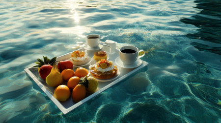 A beautiful breakfast tray floats in crystal clear pool water, showcasing delicious coffee, pastries, and fresh fruit, perfect for a serene morning by the water.の素材