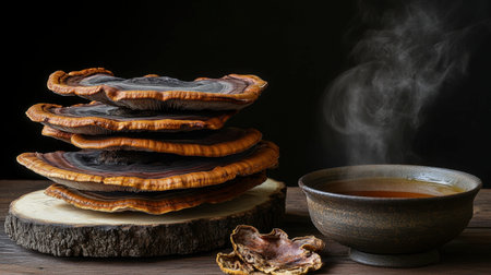 A serene scene featuring herbal tea alongside medicinal mushrooms. The warm steam rises from the cup, creating a sense of wellness and comfort.の素材