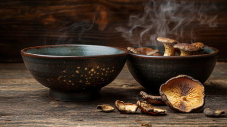 Two rustic bowls with fresh mushrooms emit steam on a wooden table, showcasing a warm and inviting culinary atmosphere perfect for food lovers.の素材