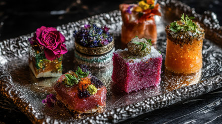 Brightly colored gourmet desserts are beautifully arranged on a silver platter, showcasing edible flowers and intricate details, perfect for an elegant occasion.の素材