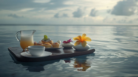 A serene floating breakfast setting featuring coffee, juice, and delectable pastries surrounded by vibrant flowers on calm water, perfect for relaxation.の素材