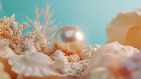 A stunning pearl nestled among delicate seashells and coral, capturing the essence of underwater beauty. This serene scene evokes a sense of tranquility and elegance.の素材