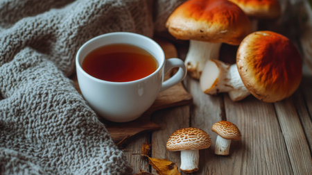 A cozy setting featuring a white cup of warm tea beside fresh mushrooms on a rustic wooden table with a soft blanket. Perfect for autumn vibes.の素材