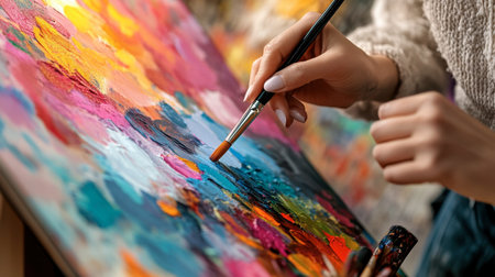 A close-up view of a vibrant abstract painting in progress, showcasing detailed brushwork and a beautiful array of colors. Perfect for art lovers.の素材