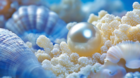Discover the beauty of underwater treasures featuring shimmering pearls nestled among delicate shells and vibrant coral, capturing nature's elegance.の素材