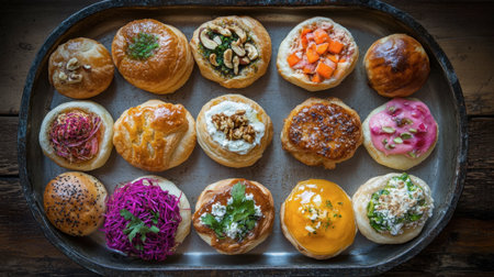 A beautifully arranged tray of assorted pastries featuring both sweet and savory bites, perfect for any gathering or culinary event. Enjoy the vibrant colors and rich textures!の素材