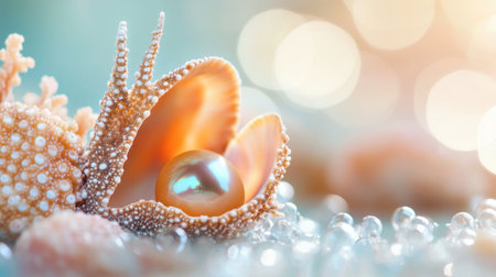 A stunning closeup of a pearl nestled inside a shell, illuminated with soft bokeh light. This serene and elegant image captures the beauty of nature and marine treasures.の素材