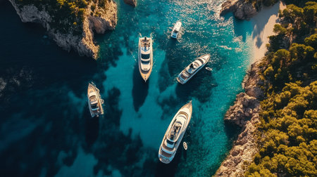 Experience the beauty of yachts anchored in turquoise water, surrounded by lush greenery. A perfect getaway scene for ocean lovers and travelers.の素材