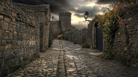 A captivating cobblestone pathway leads through a historic fortress, framed by stone walls and a dramatic sky. This scene evokes a sense of mystery and timelessness.の素材