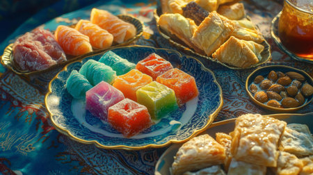A visually appealing display of colorful Middle Eastern sweets on an intricately designed table, perfect for festive occasions and cultural celebrations.の素材
