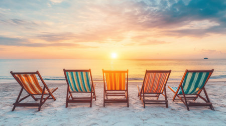 Five colorful beach chairs sit on the sand, facing a stunning sunset over the calm ocean. This serene scene captures the essence of relaxation and vacation.の素材