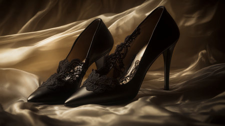 This captivating image showcases elegant black heels adorned with lace detail, elegantly placed on a luxurious silk backdrop, perfect for showcasing fashion.の素材