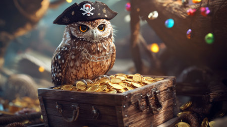 A whimsical pirate owl perched atop a chest overflowing with gold coins, perfect for themes of adventure and imagination in art or photography.の素材