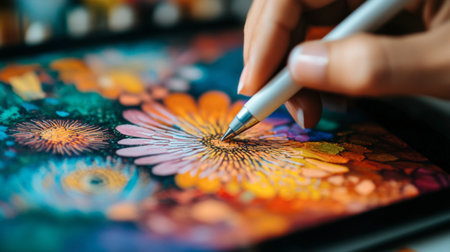A close-up view of a hand using a pen on a tablet to create vibrant, colorful floral digital art. Explore the beauty of modern creativity and technology.の素材