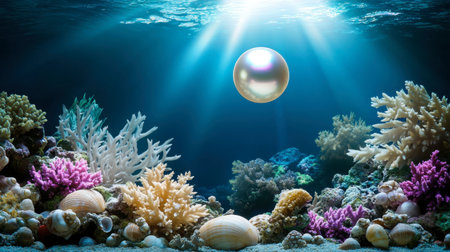 A stunning underwater scene featuring a luminous pearl surrounded by vibrant coral reefs and shells, illuminated by enchanting sunlight rays from above.の素材