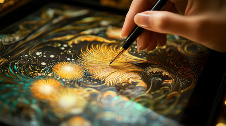 A close-up view of a hand using a pen to create intricate gold swirls on a tablet, showcasing a blend of modern technology and artistic expression.の素材