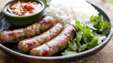 A vibrant plate featuring grilled sausages alongside fluffy rice, garnished with fresh cilantro and a flavorful dipping sauce, perfect for a hearty meal.の素材