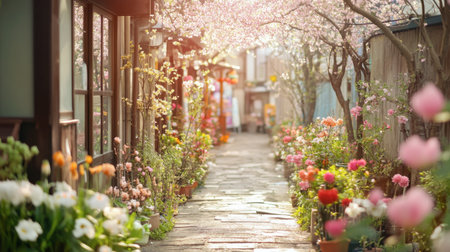 A picturesque pathway adorned with vibrant flowers and blooming trees, capturing the essence of spring and tranquility in a charming outdoor setting.の素材