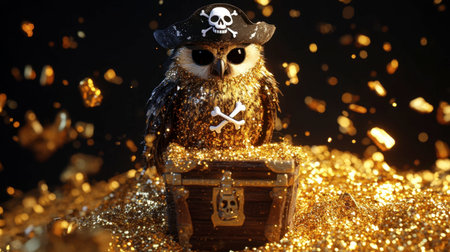 A whimsical pirate owl stands atop a treasure chest, covered in shimmering gold coins. This enchanting scene captures a delightful and imaginative atmosphere.の素材