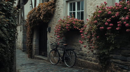 A charming vintage bicycle leans against a quaint wall adorned with blooming flowers, creating a picturesque scene in a serene old town setting.の素材