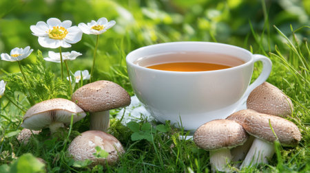 A tranquil scene featuring a white tea cup nestled among vibrant mushrooms and delicate flowers, capturing the essence of nature's beauty and serenity.の素材