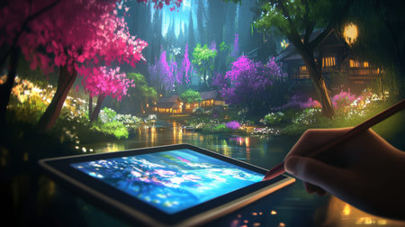 A tranquil scene featuring a tablet displaying vibrant digital art amidst a beautiful natural landscape filled with blooming flowers, reflections, and serenity.の素材
