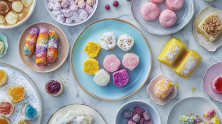 A vibrant array of delightful desserts arranged artistically on a plate, showcasing unique colors and textures perfect for any celebration or gathering.の素材