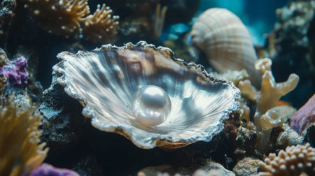 A stunning close-up of a lustrous pearl sitting elegantly in an oyster shell amidst a vibrant coral reef, showcasing the beauty of marine life and ocean environments.の素材