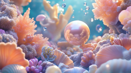Discover an enchanting underwater world filled with vibrant coral, shimmering pearls, and gentle bubbles, creating a serene and colorful aquatic scene.の素材