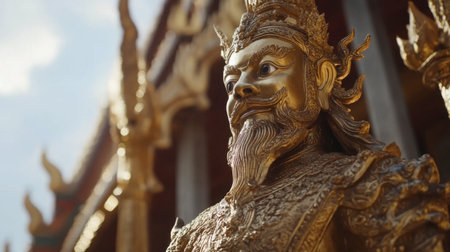 Detailed golden statue of a guardian figure, showcasing intricate craftsmanship in a serene temple setting. A symbol of protection and culture, ideal for travel themes.の素材