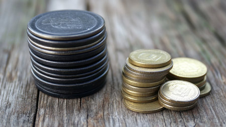 A close-up view of stacked coins on a rustic wooden surface, representing finance and savings. Ideal for economic and business-related visuals.の素材