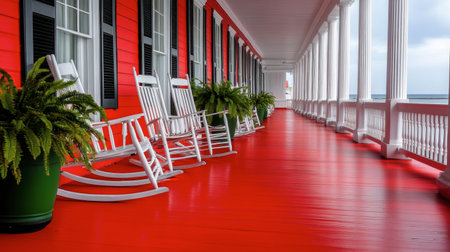A picturesque porch featuring rocking chairs and vibrant red flooring, adorned with lush greenery. Ideal for capturing relaxation and charm in any setting.の素材