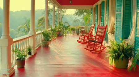 A serene porch featuring rocking chairs and vibrant plants, bathed in warm sunlight. Ideal for relaxation, this inviting space offers a peaceful retreat.の素材