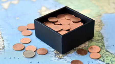 A black box filled with copper coins spills onto a world map, representing finance, savings, and global exploration. Ideal for travel and economic themes.の素材