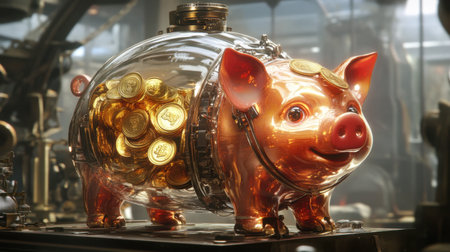 This whimsical piggy bank made of glass is filled with gold coins, symbolizing savings and prosperity in a charming vintage setting. Perfect for financial themes.の素材