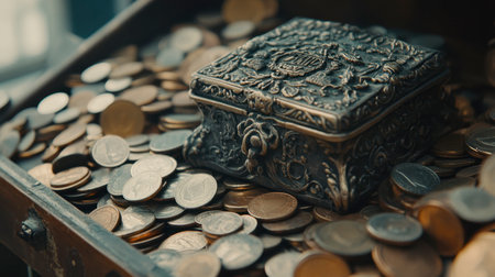 An antique decorative box sits atop a bed of vintage coins, showcasing intricate design and craftsmanship. Perfect for themes of wealth and history.の素材