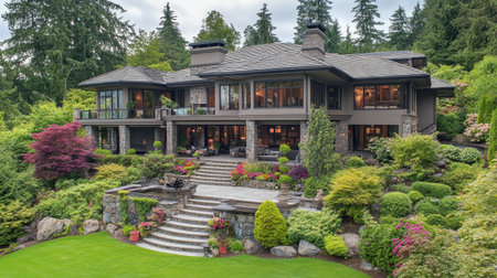 A stunning modern home nestled in lush greenery, featuring elegant architecture and beautifully landscaped gardens, perfect for peaceful living.の素材