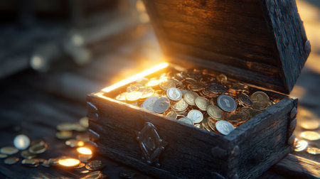 A beautifully detailed treasure chest overflowing with shiny coins glimmering in soft sunlight. Perfect for themes of wealth, adventure, and discovery.の素材
